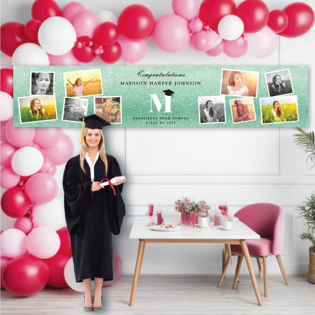 Monogram 10 Foto Graduation Party für grünen Glitz Banner (Green Glitter Name Monogram Stylish 10 Photo Graduation Party Banner @ www.zazzle.com/color_therapy)