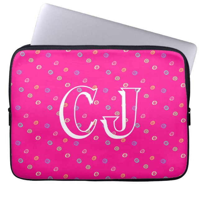 Monogram 2 Initials Hot Pink Polka Dots Laptopschutzhülle (Vorderseite)