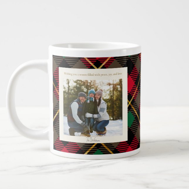 Monogram 2 Photo Rustic Green Red Plaid Christmas Jumbo-Tasse (Links)