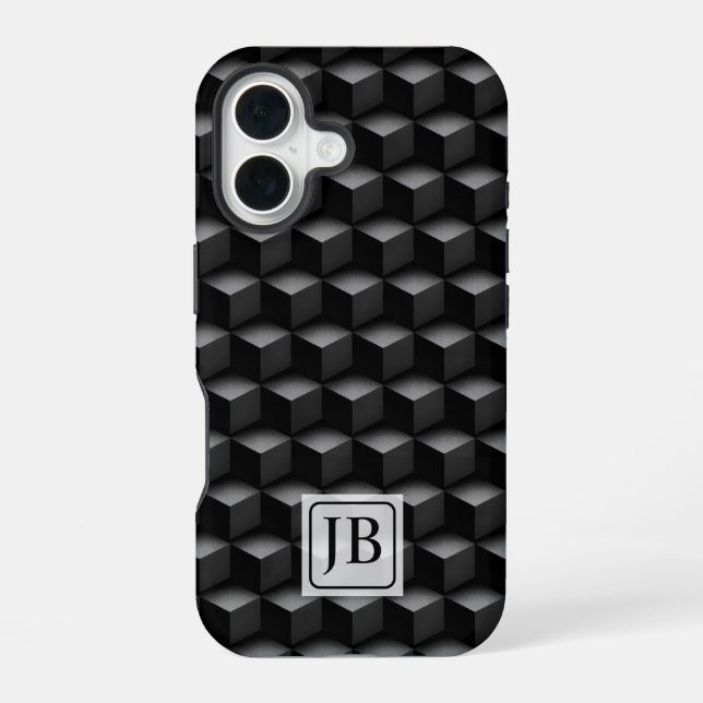Monogram, 3D Black Geometric Pattern, Modern iPhone 16 Hülle (Rückseite)