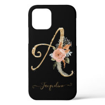 Monogram A Black Gold BOHO Pink Floral Leaaf