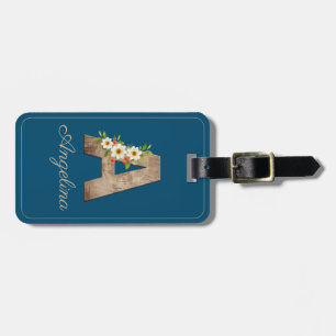 Monogram A blue wood letter Blumen Luggage Tag Gepäckanhänger