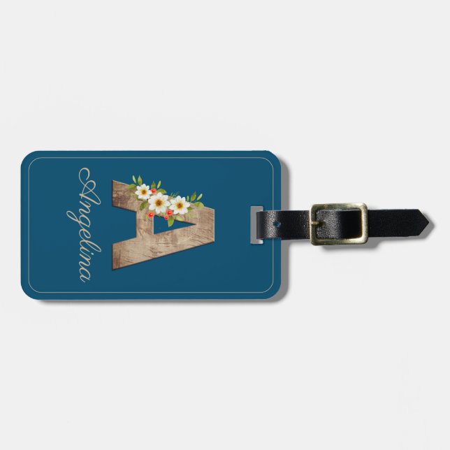 Monogram A blue wood letter Blumen Luggage Tag Gepäckanhänger (Vorderseite horizontal)