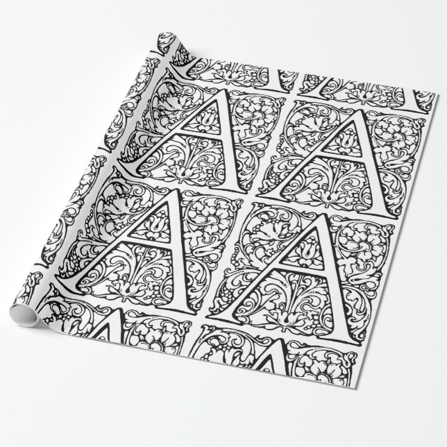 Monogram A Initial Black and White Floral Pattern Geschenkpapier (Ungerollt)