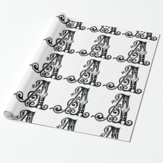 Monogram A Initial Black and White Floral Pattern Geschenkpapier (Ungerollt)