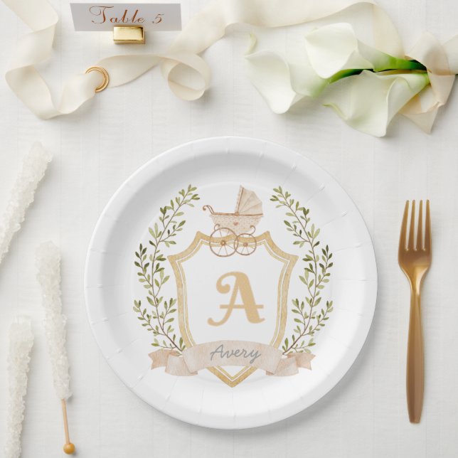 Monogram A | Neutrale Geburtsankündigung Pappteller (Hochzeit)