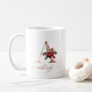 Monogram A Rose Gold Poinsettia Script Kaffeetasse