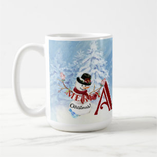 Monogram A Snowy Merry Christmas Snowman Trees Kaffeetasse