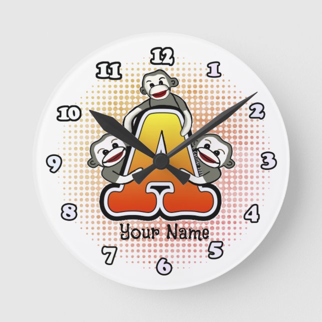 Monogram A Socken Monkey-Uhr Runde Wanduhr (Vorderseite)