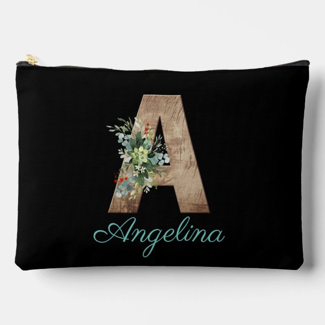 Monogram A wood Letter Rot Blume Schwarz Zubehörtasche (Vorderseite)