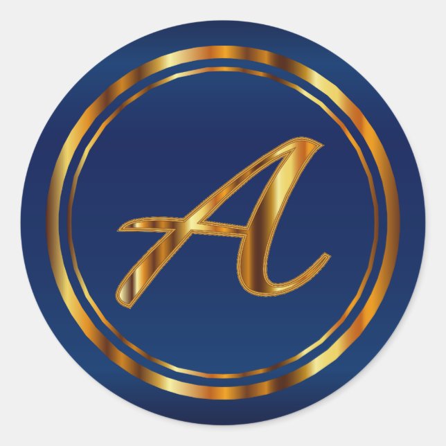 Monogram A-Z - Metallisches Gold auf Navy Blue Runder Aufkleber (Vorderseite)