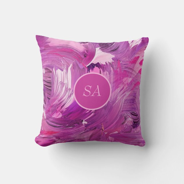 Monogram Abstrakt Art Lila Pink Pinselstriche Kissen (Vorderseite)