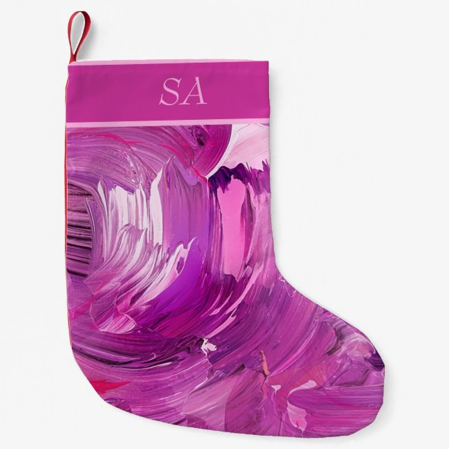Monogram Abstrakt Art Lila Pink Pinselstriche Kleiner Weihnachtsstrumpf (Vorderseite)