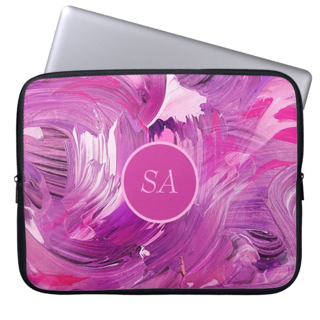 Monogram Abstrakt Art Lila Pink Pinselstriche Laptopschutzhülle (Vorderseite)