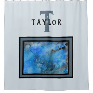 Monogram Abstrakt Blue Black Wassercolor Fine Art Duschvorhang