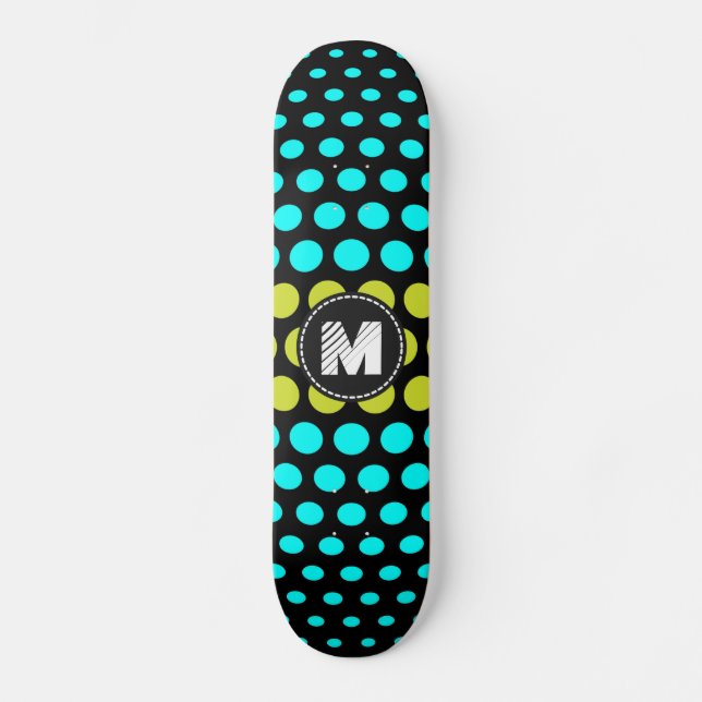 Monogram Acid green & Aqua Polka Dots Muster Skateboard (Vorderseite)
