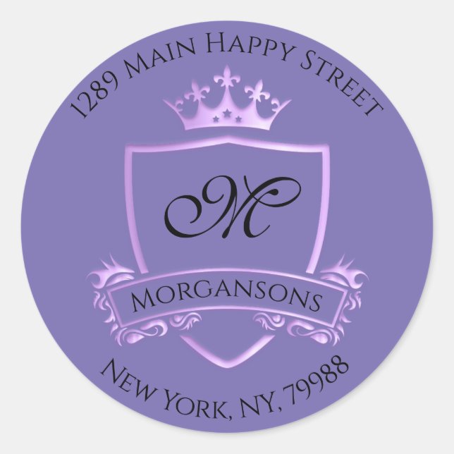 Monogram Address Crown Royal Violet Lila Runder Aufkleber (Vorderseite)