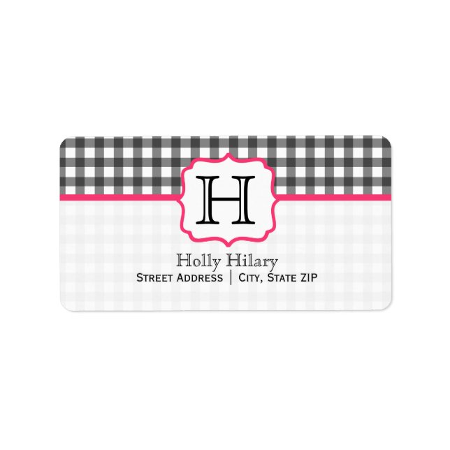 Monogram Address Label - Gray Gingham und Pink Adressaufkleber (Vorne)