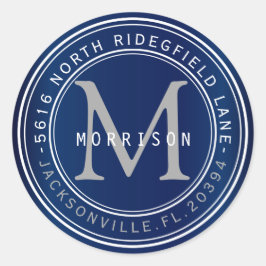 Monogram Address Label in Navy Blue 2 Runder Aufkleber