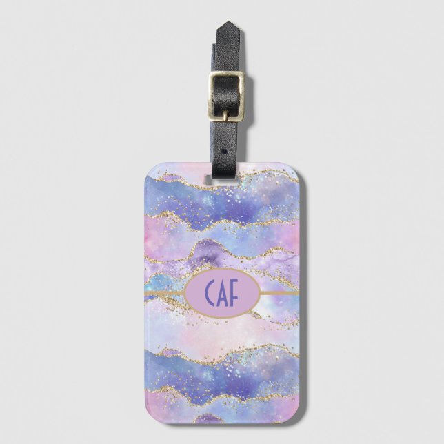 Monogram Agate Glitzer Trendy Blue Pink Lila Gepäckanhänger (Vorderseite Vertikal)