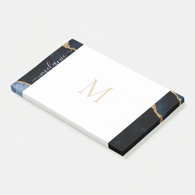 Monogram Agate Navy Blue Gold Glitzer Gemstone Post-it Klebezettel (angewinkelt)