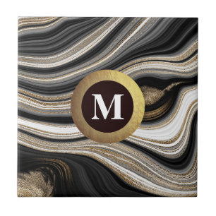Monogram Agate Schwarz-weiß Gold Fliese