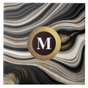 Monogram Agate Schwarz-weiß Gold Fliese