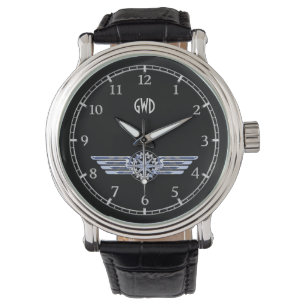 Monogram Air Pilot Silver Wing Compass auf Schwarz Armbanduhr