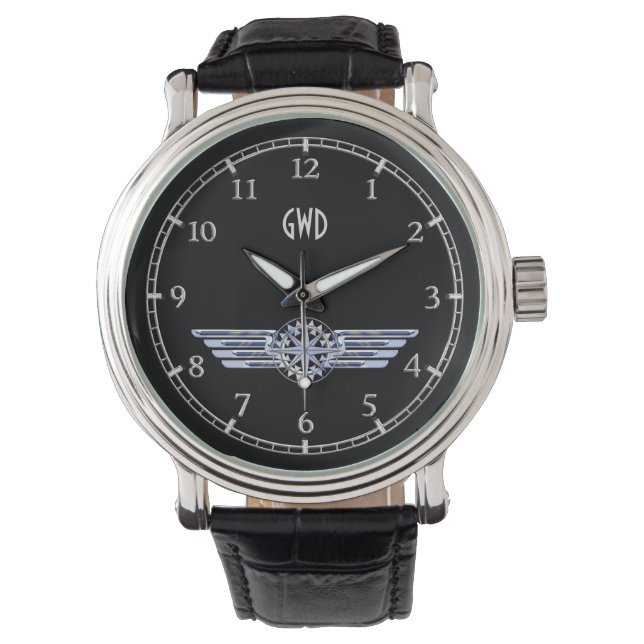 Monogram Air Pilot Silver Wings Compass auf Black Armbanduhr (Vorderseite)