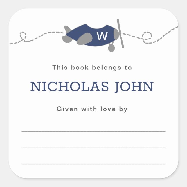 Monogram Airplane Boy Baby Shooting Buchzeichen Quadratischer Aufkleber (Vorderseite)