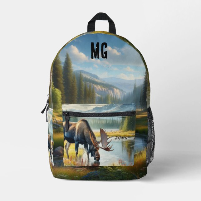 Monogram Alaska Watercolor Moose Bedruckter Rucksack (Vorderseite)