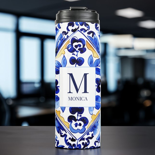Monogram Amalfi Vietri Geschenke Thermosbecher (Monogram Amalfi Vietri Italian blue tiles bridesmaid gifts Thermal Tumbler bridal party favors gifts)