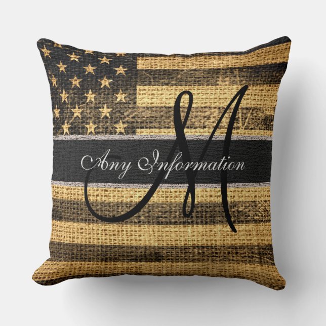 Monogram American Flag Burlap Linen Rustic Jute #2 Kissen (Vorderseite)