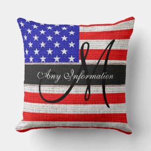 Monogram American Flag Burlap Linen Rustic Jute Kissen