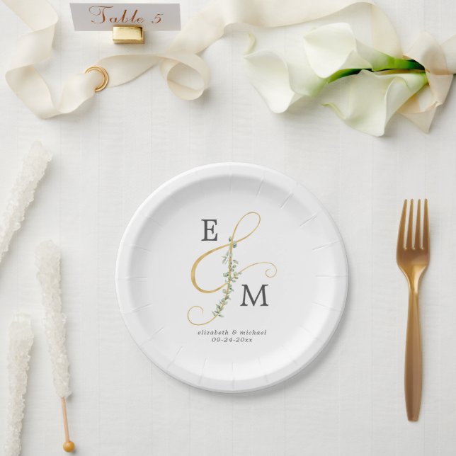 Monogram Ampersand Eukalyptus Greenerenerity Weddi Pappteller (Hochzeit)