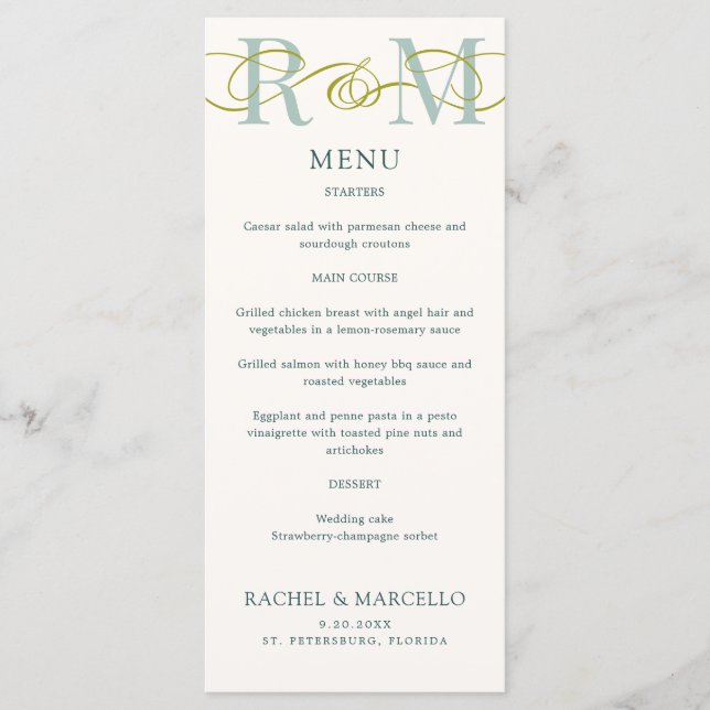Monogram Ampersand Sage Green Wedding Menü Menükarte (Vorderseite)