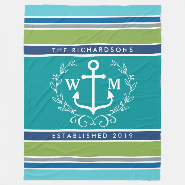 Monogram Anchor Laurel Wreath Stripes Nautic Fleecedecke (Vorderseite)
