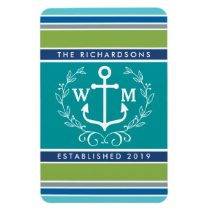 Monogram Anchor Laurel Wreath Stripes Nautic Magnet