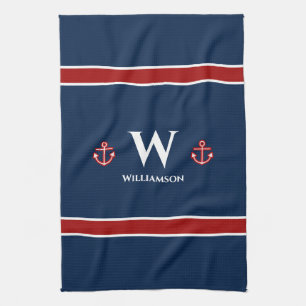 Monogram Anchor Nautical Red White Stripes Geschirrtuch