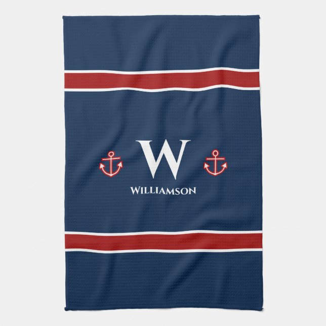 Monogram Anchor Nautical Red White Stripes Geschirrtuch (Vertikal)