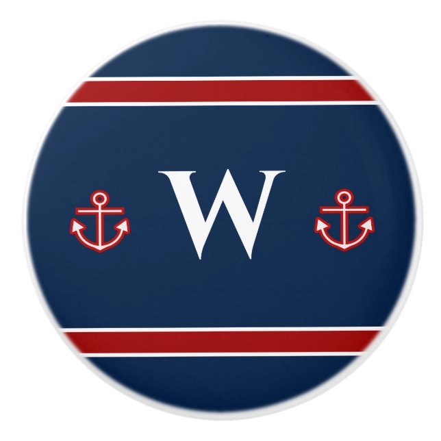 Monogram Anchor Nautical Red White Stripes Keramikknauf (Vorderseite)