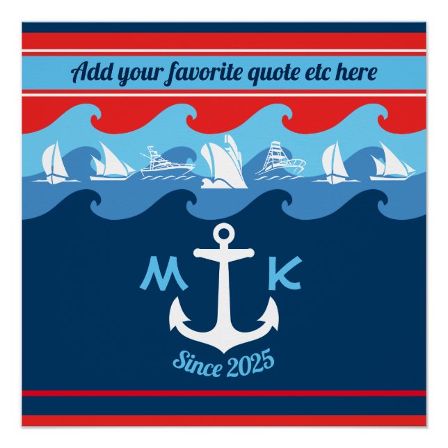 Monogram Anchor Waves Boat Red White Blue Nautic Poster (Vorderseite)