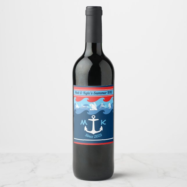 Monogram Anchor Waves Boat Red White Blue Nautic Weinetikett (Vorderseite)