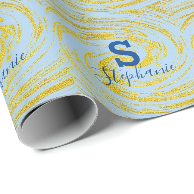 Monogram Anfangsname Aquamarin Blue Gold Glitzer N Geschenkpapier (Rolleneckpunkt)