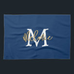 Monogram Anfangsname Script Navy White Gold Geschirrtuch<br><div class="desc">Modernes Monogramm Anfangsname Skript in Marine mit weiß und gold. Einfach zu personalisieren mit Initial und Name.</div>