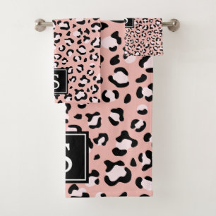 Monogram - Animal Print, Gepunktet Leopard - Pink Badhandtuch Set