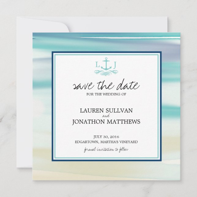 Monogram-Anker Save the Date für Ocean Watercolor (Vorderseite)