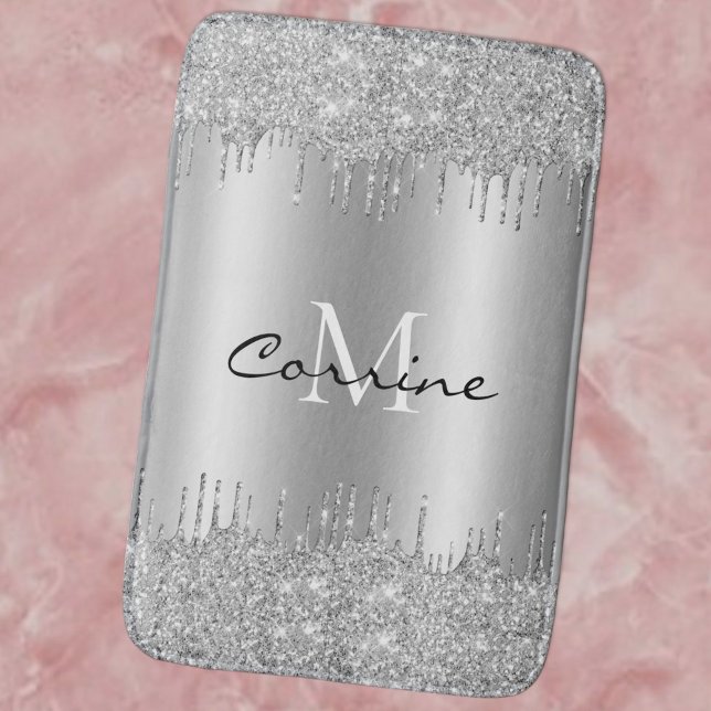 Monogram Antique Silver Dripping Glitzer Metallic Badematte (Von Creator hochgeladen)