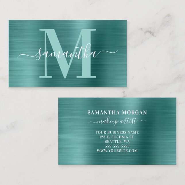 Monogram Aqua Aquamarin Shimmer Foil Visitenkarte (Vorne/Hinten)