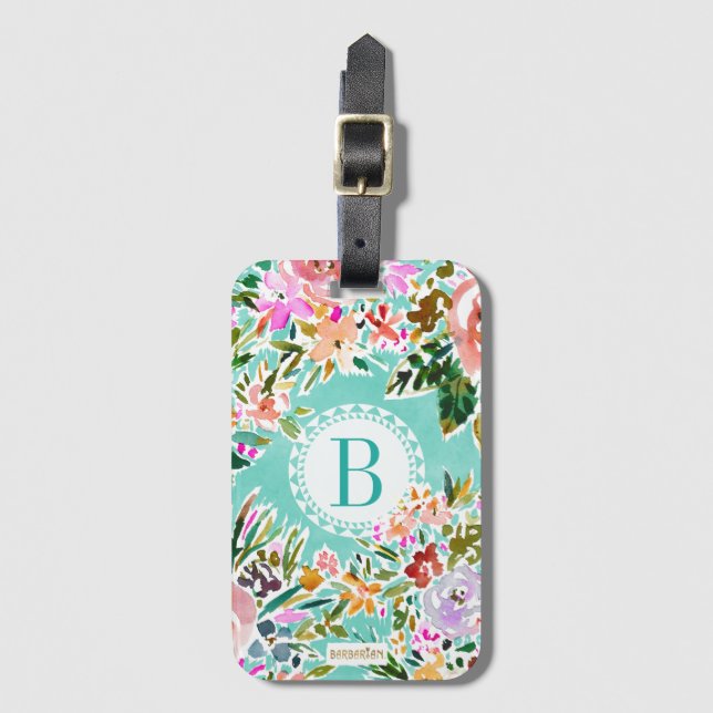 Monogram AQUA BE LIEBE Colorful Floral Gepäckanhänger (Vorderseite Vertikal)
